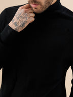 Men's Solid Textured Full Sleeves Turtle Neck Regular Fit Fleece Sweater
