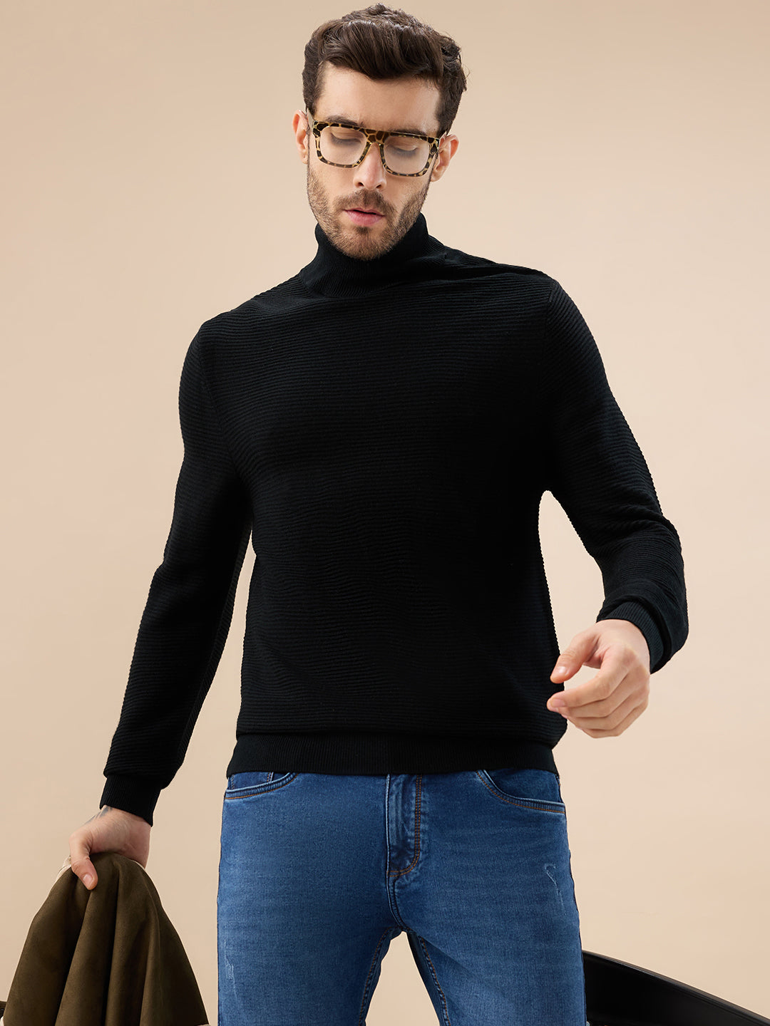 Men's Solid Textured Full Sleeves Turtle Neck Regular Fit Fleece Sweater
