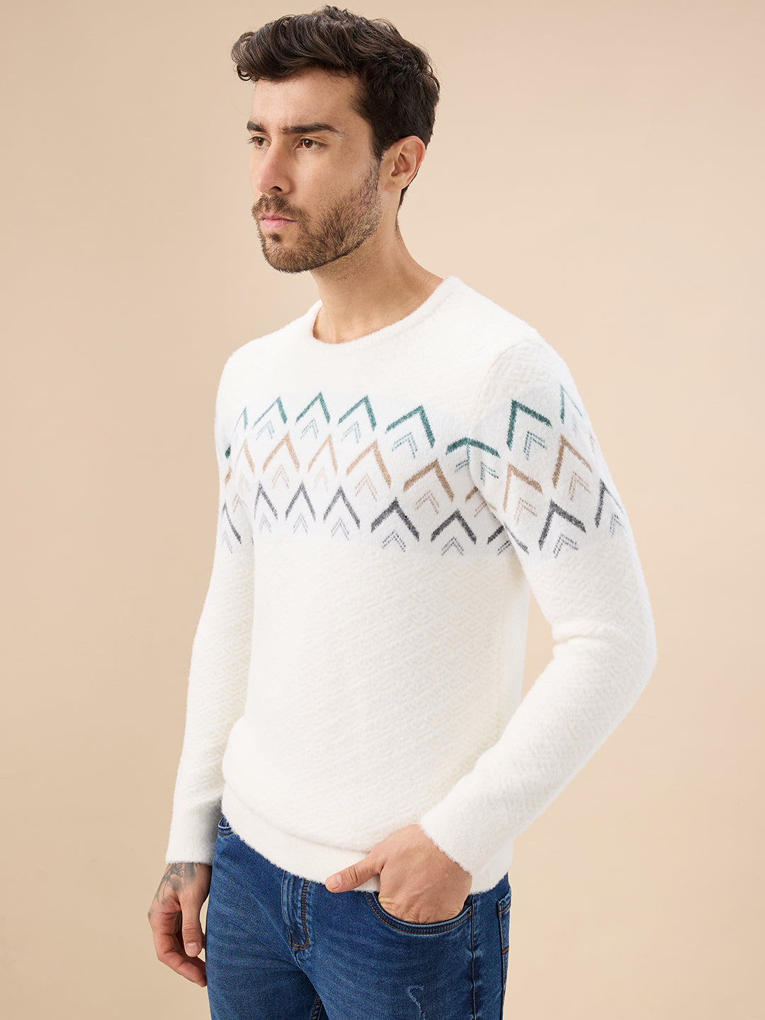 Men's Chevron Chest Round Neck Regular Fit Full Sleeves Sweater Secondary image