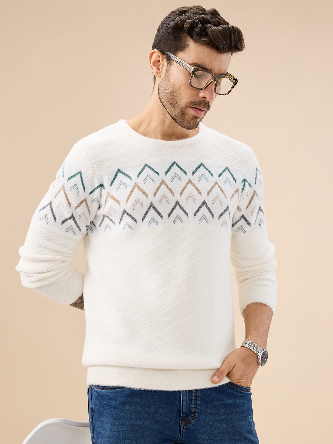 Men's Chevron Chest Round Neck Regular Fit Full Sleeves Sweater