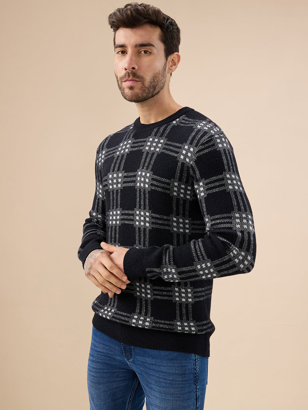 Men's Trendy Check Design Full Sleeves Round Neck Fleece Sweater