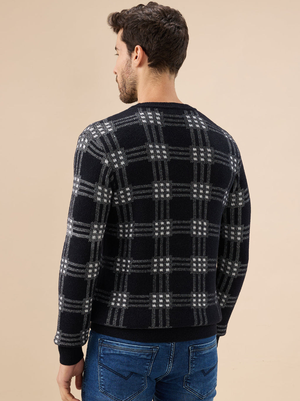 Men's Trendy Check Design Full Sleeves Round Neck Fleece Sweater