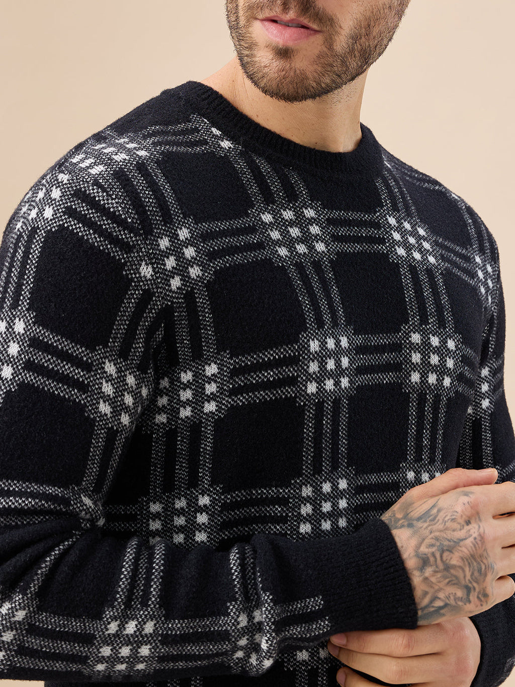 Men's Trendy Check Design Full Sleeves Round Neck Fleece Sweater