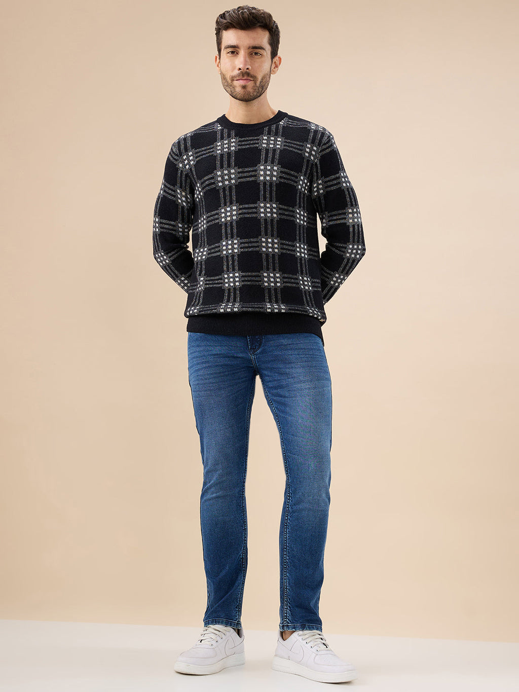 Men's Trendy Check Design Full Sleeves Round Neck Fleece Sweater