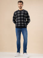 Men's Trendy Check Design Full Sleeves Round Neck Fleece Sweater