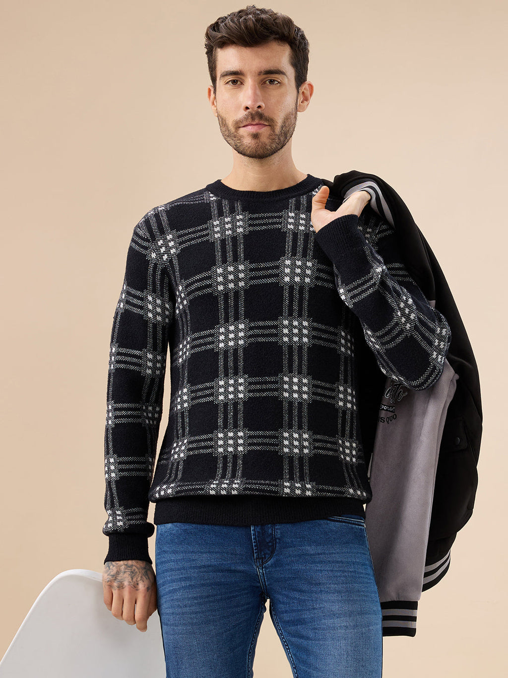 Men's Trendy Check Design Full Sleeves Round Neck Fleece Sweater