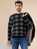 Men's Trendy Check Design Full Sleeves Round Neck Fleece Sweater