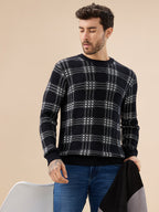 Men's Trendy Check Design Full Sleeves Round Neck Fleece Sweater