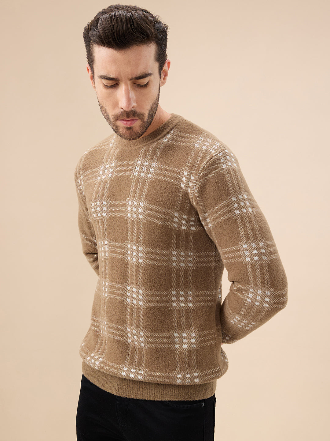 Men's Trendy Check Design Full Sleeves Round Neck Fleece Sweater Secondary image