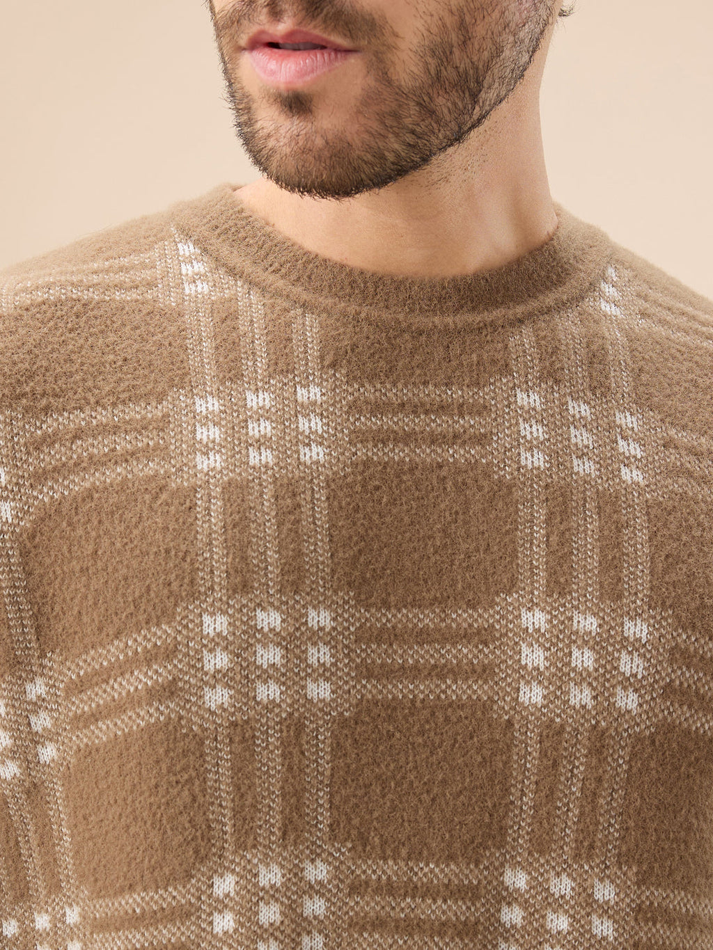 Men's Trendy Check Design Full Sleeves Round Neck Fleece Sweater