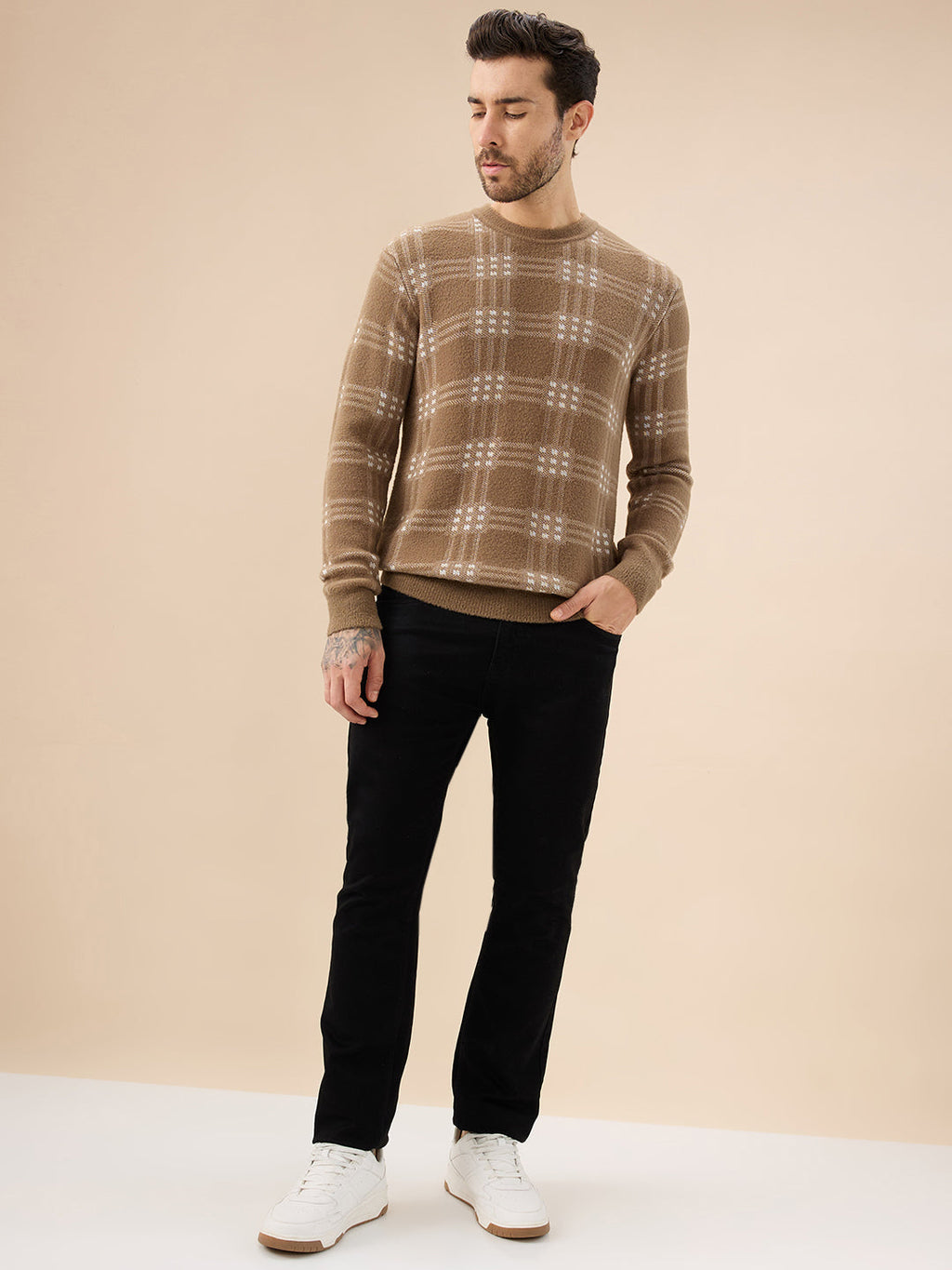 Men's Trendy Check Design Full Sleeves Round Neck Fleece Sweater