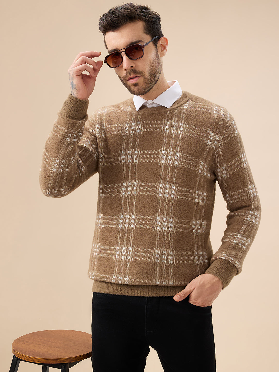 Men's Trendy Check Design Full Sleeves Round Neck Fleece Sweater