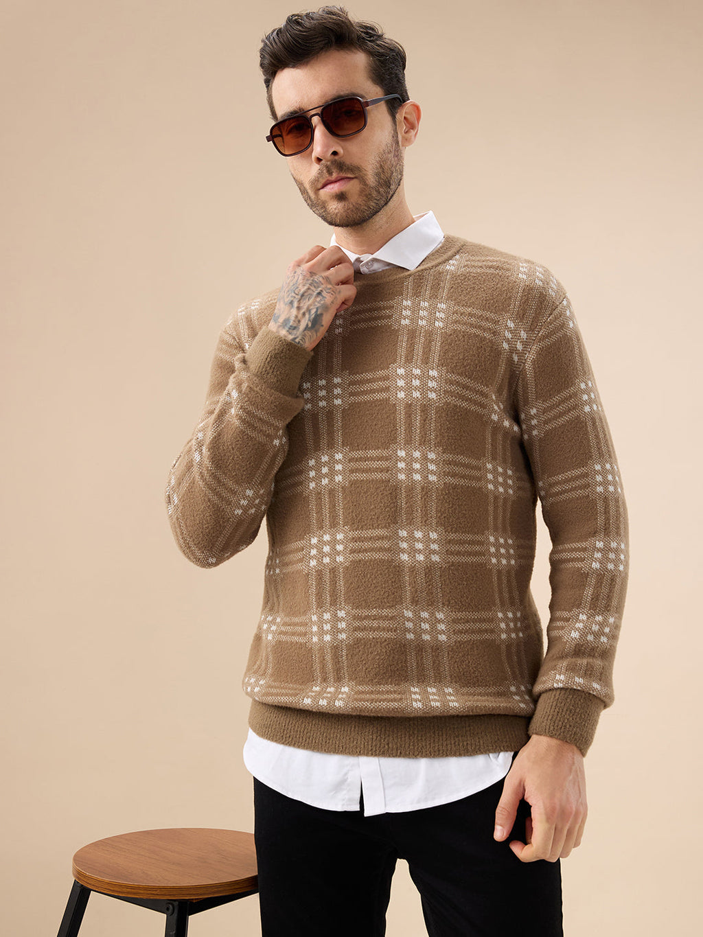 Men's Trendy Check Design Full Sleeves Round Neck Fleece Sweater