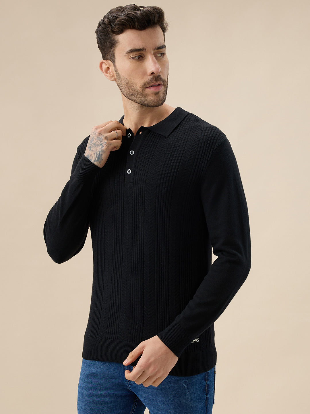 Men's Solid Textured Polo Collar Full Sleeve Regular Fit Stylish Sweater