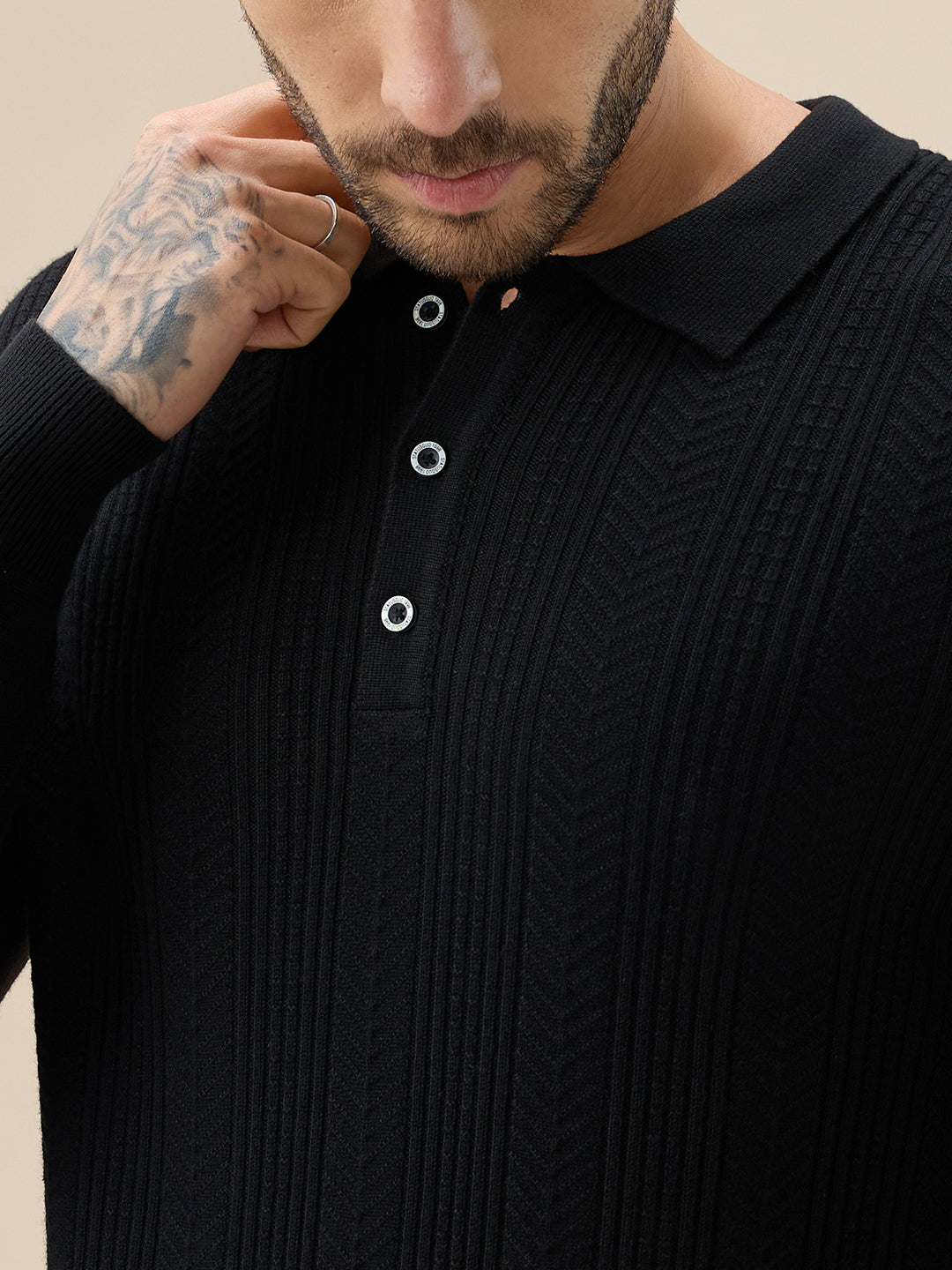 Men's Solid Textured Polo Collar Full Sleeve Regular Fit Stylish Sweater