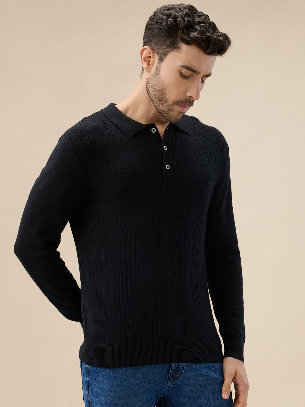 Men's Solid Textured Polo Collar Full Sleeve Regular Fit Stylish Sweater
