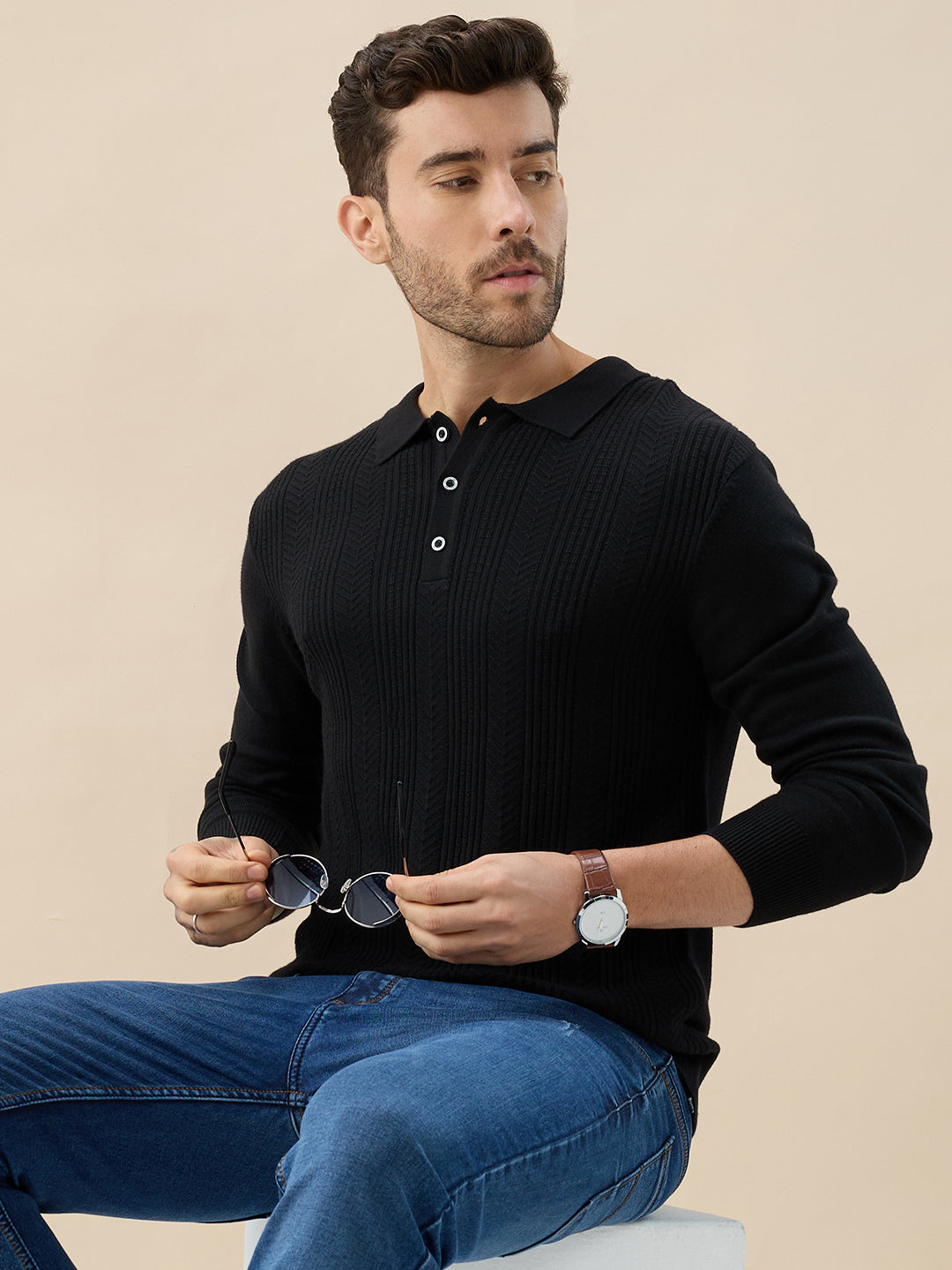 Men's Solid Textured Polo Collar Full Sleeve Regular Fit Stylish Sweater