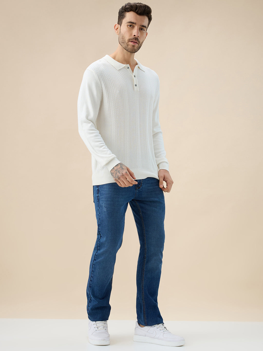 Men's Solid Textured Polo Collar Full Sleeve Regular Fit Stylish Sweater