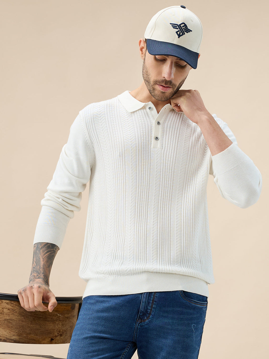 Men's Solid Textured Polo Collar Full Sleeve Regular Fit Stylish Sweater