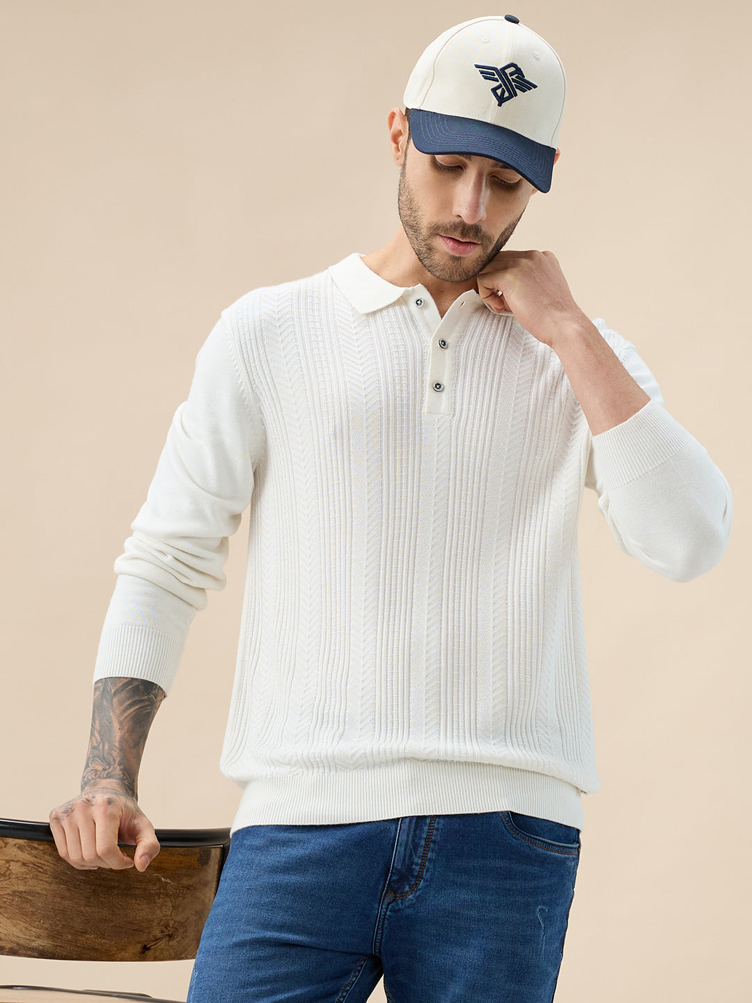 Men's Solid Textured Polo Collar Full Sleeve Regular Fit Stylish Sweater