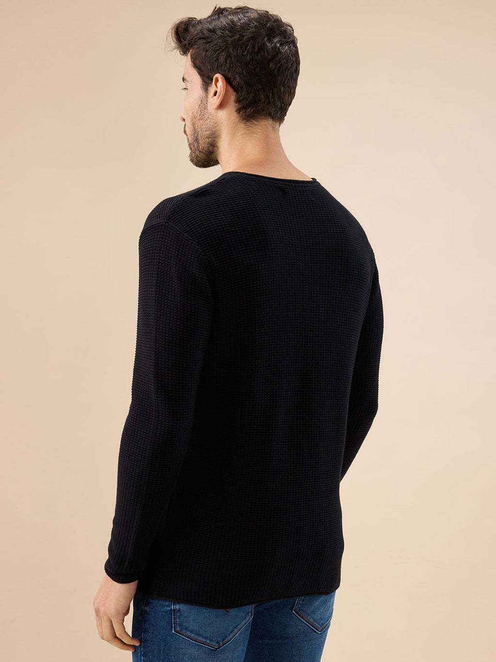 Men's Basic Solid Textured Full Sleeves Round Neck Sweater
