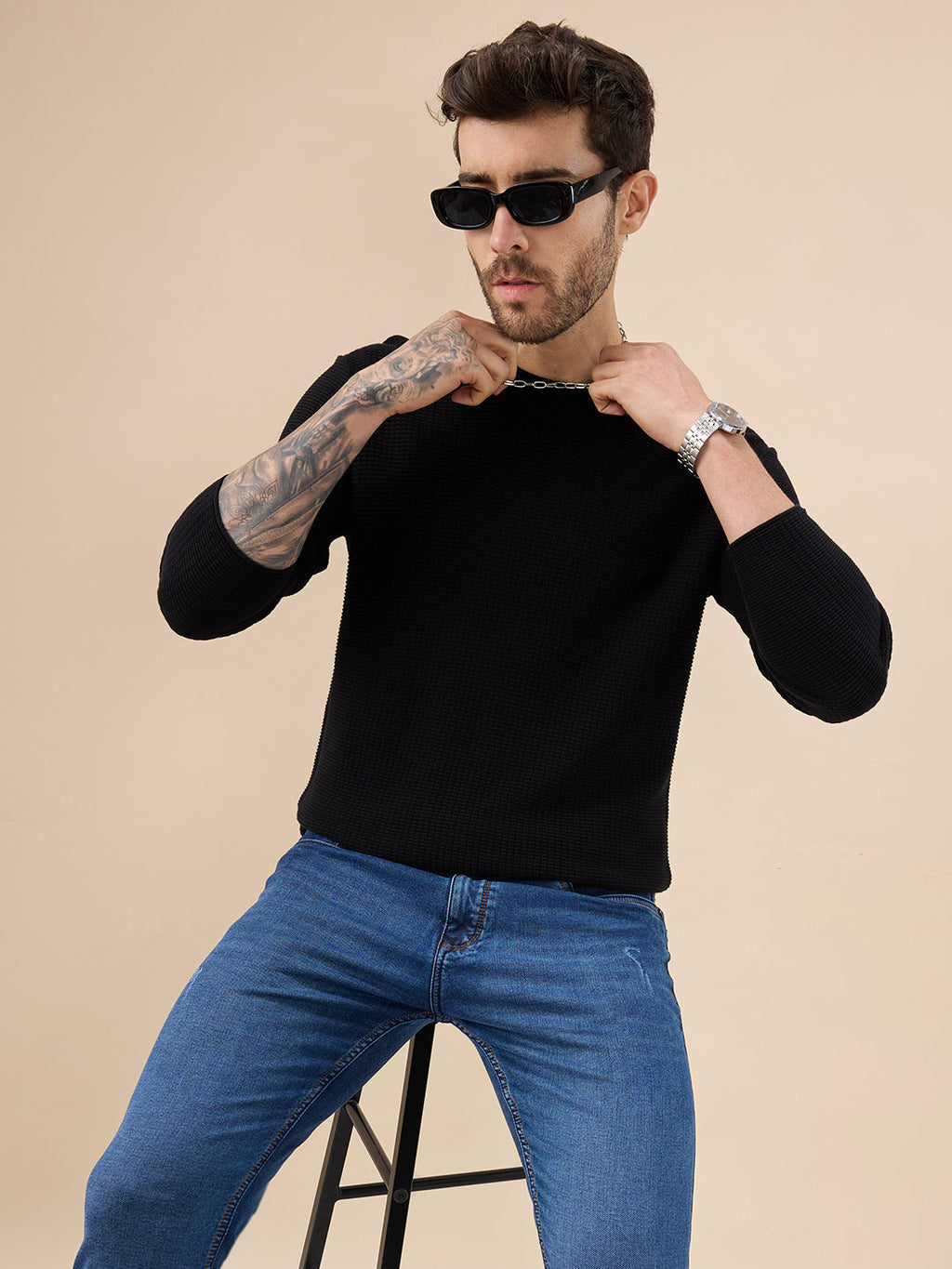 Men's Basic Solid Textured Full Sleeves Round Neck Sweater
