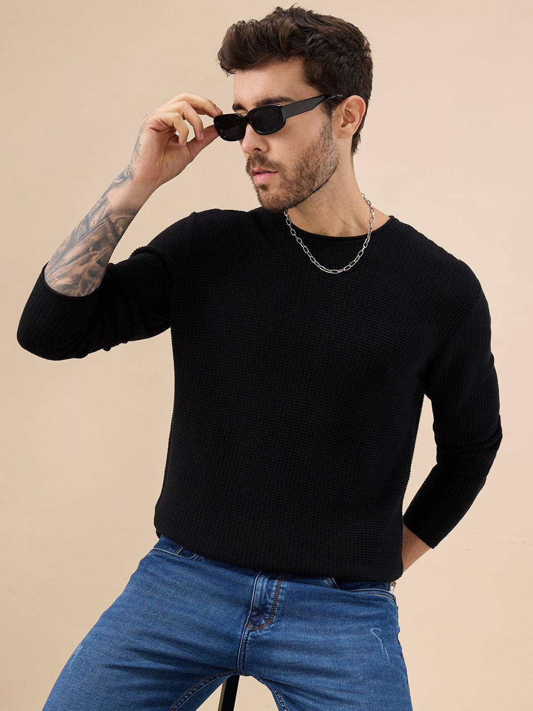 Men's Basic Solid Textured Full Sleeves Round Neck Sweater