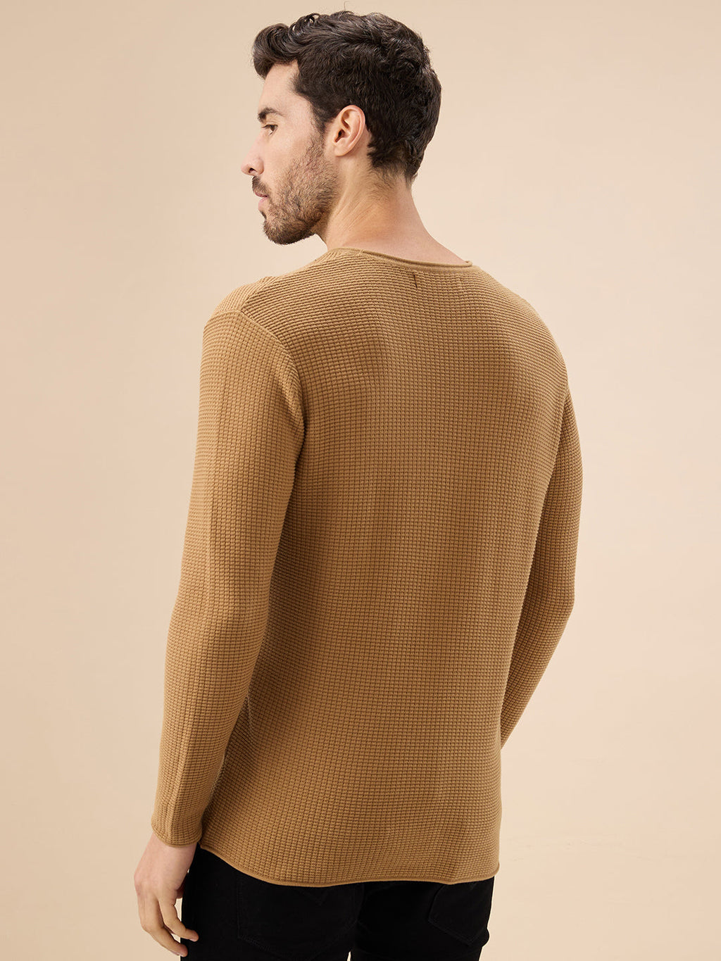 Mens Basic Solid Textured Full Sleeves Round Neck Sweater