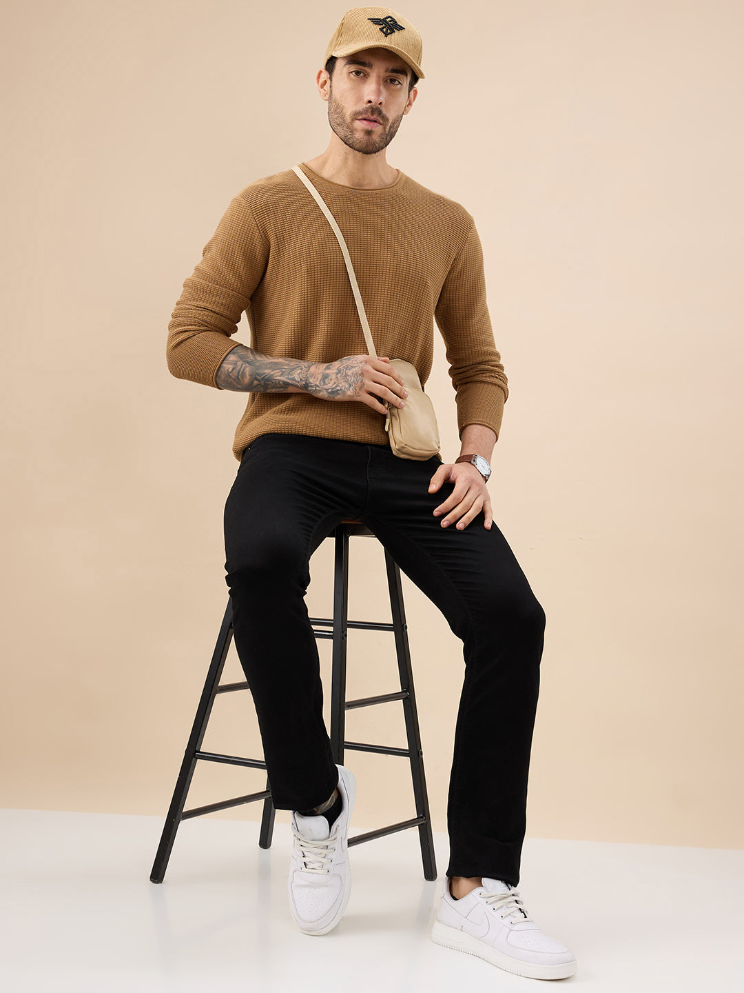Mens Basic Solid Textured Full Sleeves Round Neck Sweater