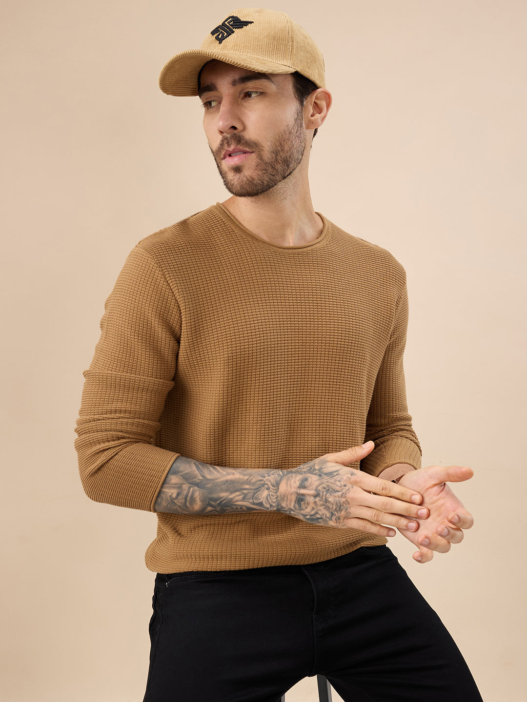 Mens Basic Solid Textured Full Sleeves Round Neck Sweater