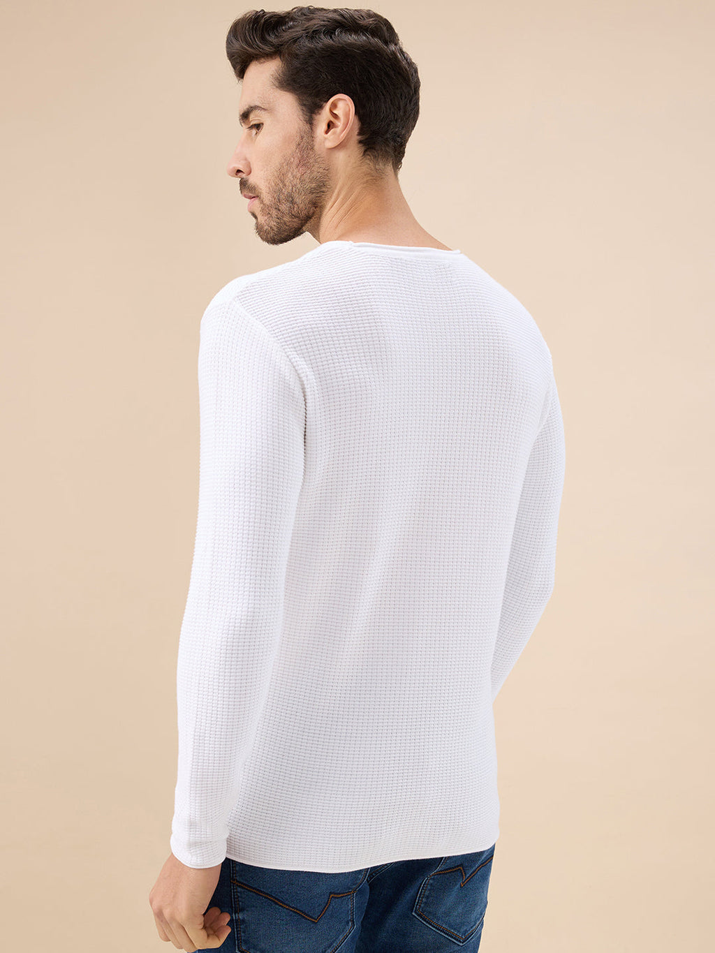 Men's Basic Solid Textured Full Sleeves Round Neck Sweater