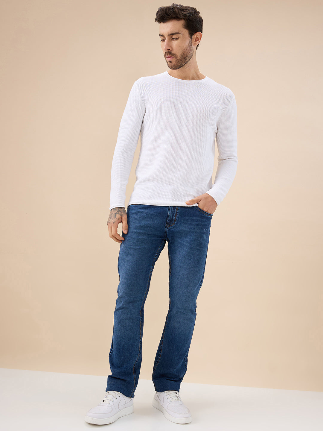 Men's Basic Solid Textured Full Sleeves Round Neck Sweater