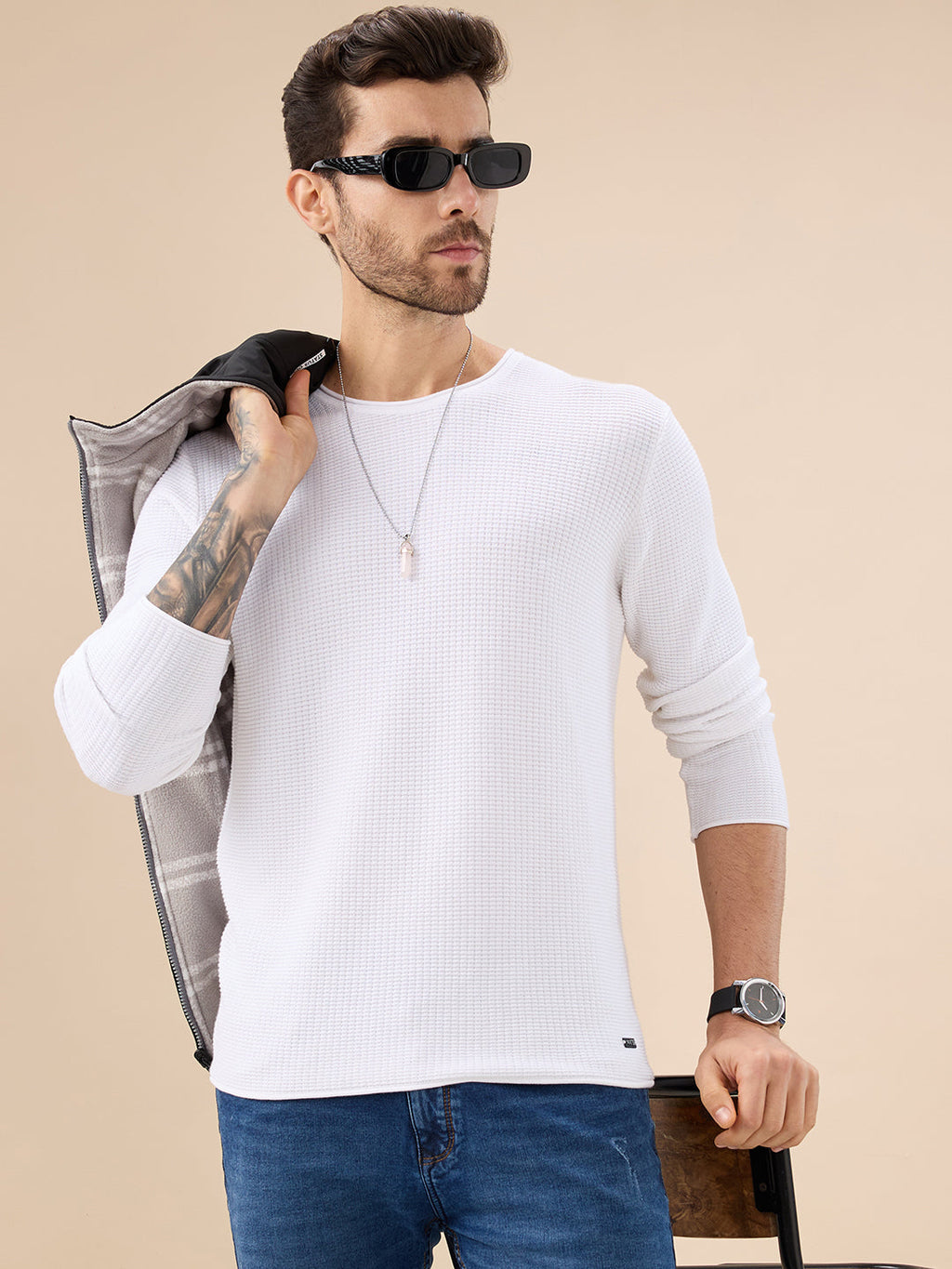 Men's Basic Solid Textured Full Sleeves Round Neck Sweater
