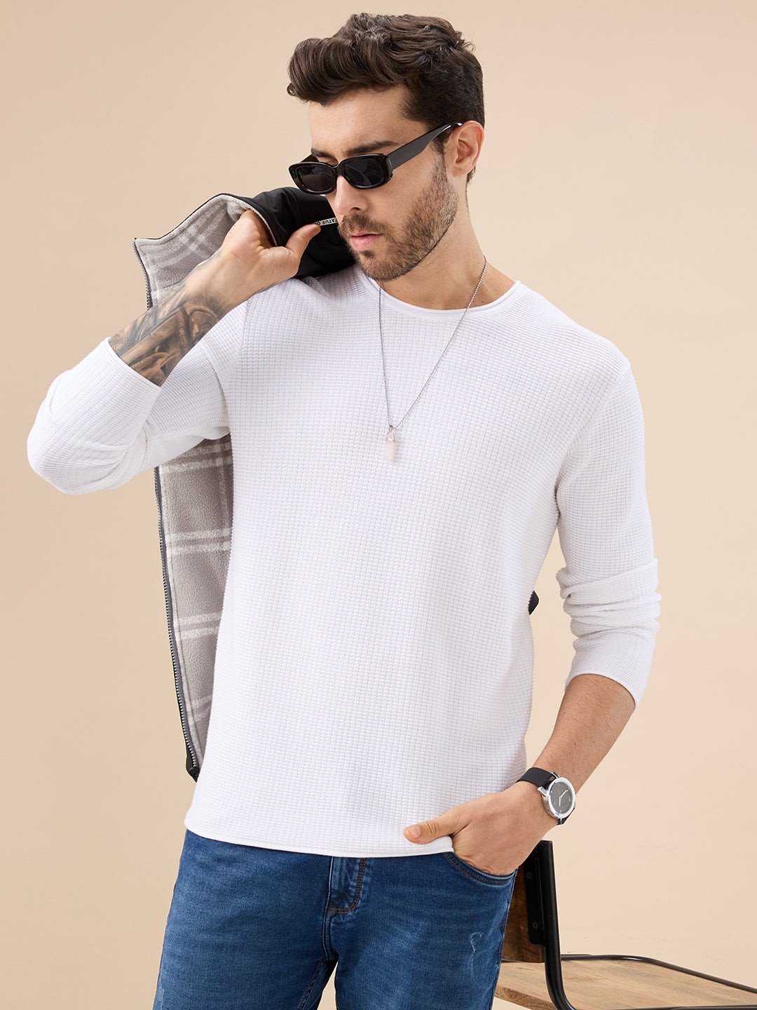 Men's Basic Solid Textured Full Sleeves Round Neck Sweater