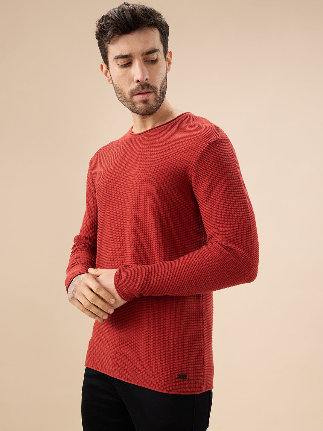 Mens Basic Solid Textured Full Sleeves Round Neck Sweater