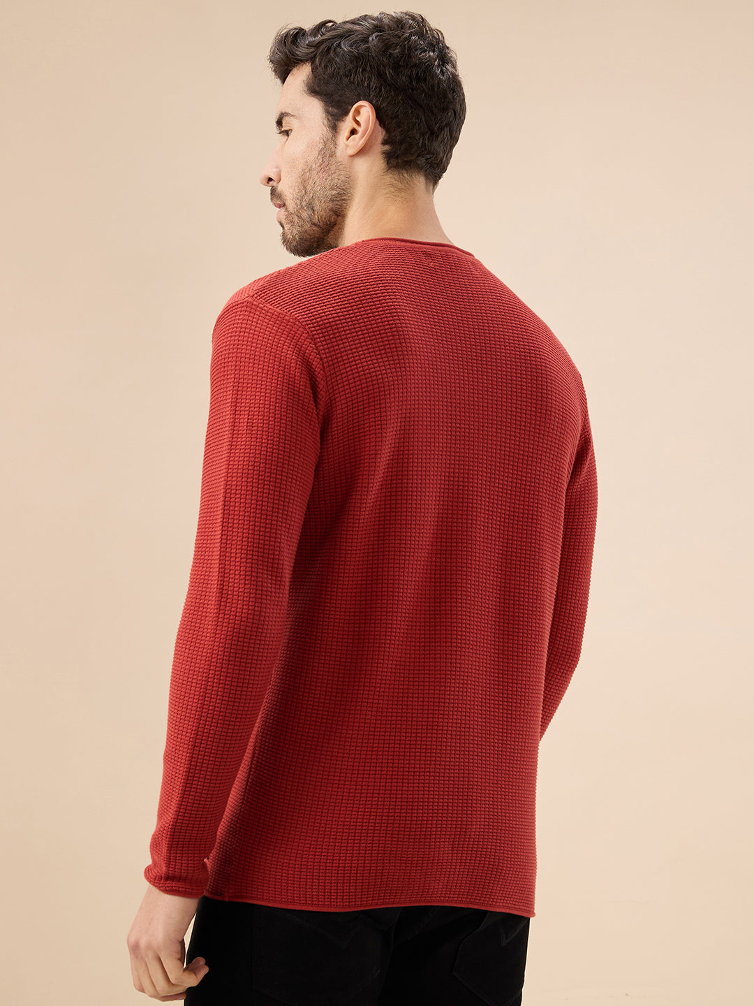 Mens Basic Solid Textured Full Sleeves Round Neck Sweater