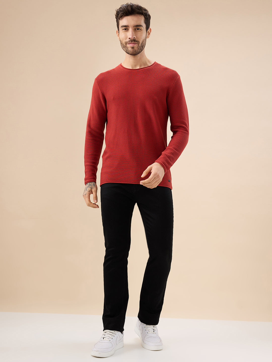 Mens Basic Solid Textured Full Sleeves Round Neck Sweater