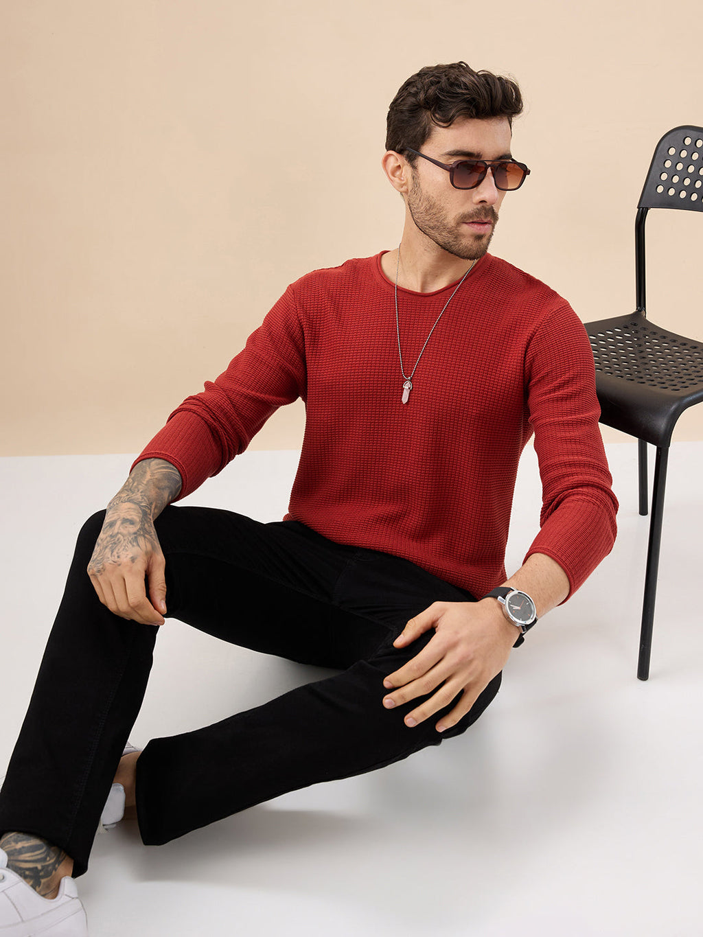 Mens Basic Solid Textured Full Sleeves Round Neck Sweater