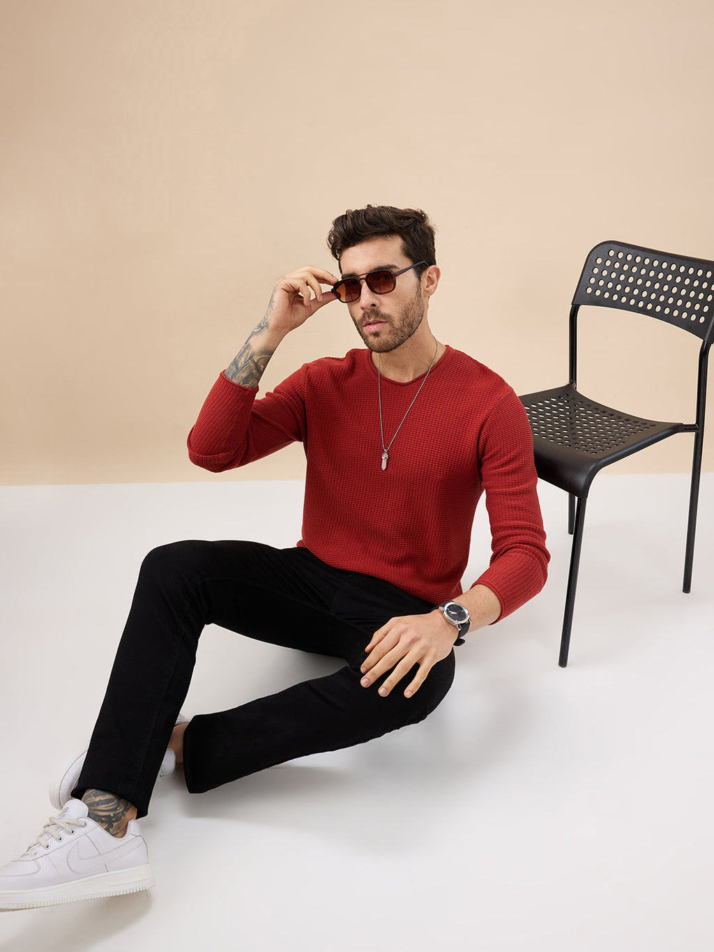 Mens Basic Solid Textured Full Sleeves Round Neck Sweater