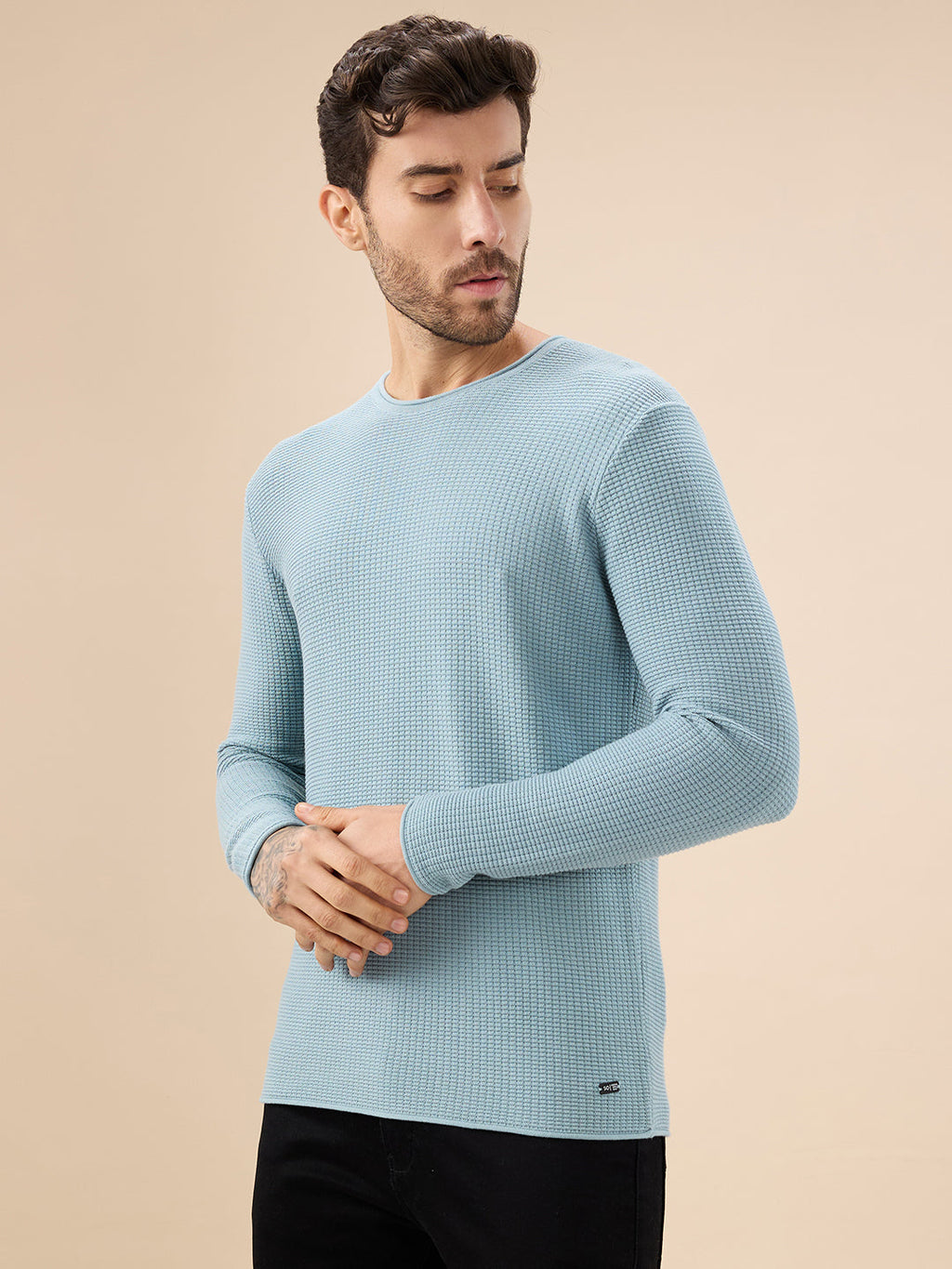 Men's Basic Solid Textured Full Sleeves Round Neck Sweater