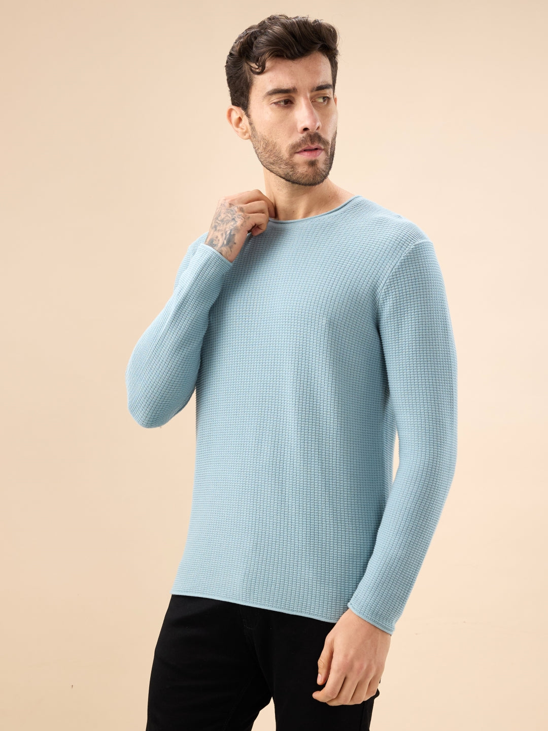 Men's Basic Solid Textured Full Sleeves Round Neck Sweater Secondary image