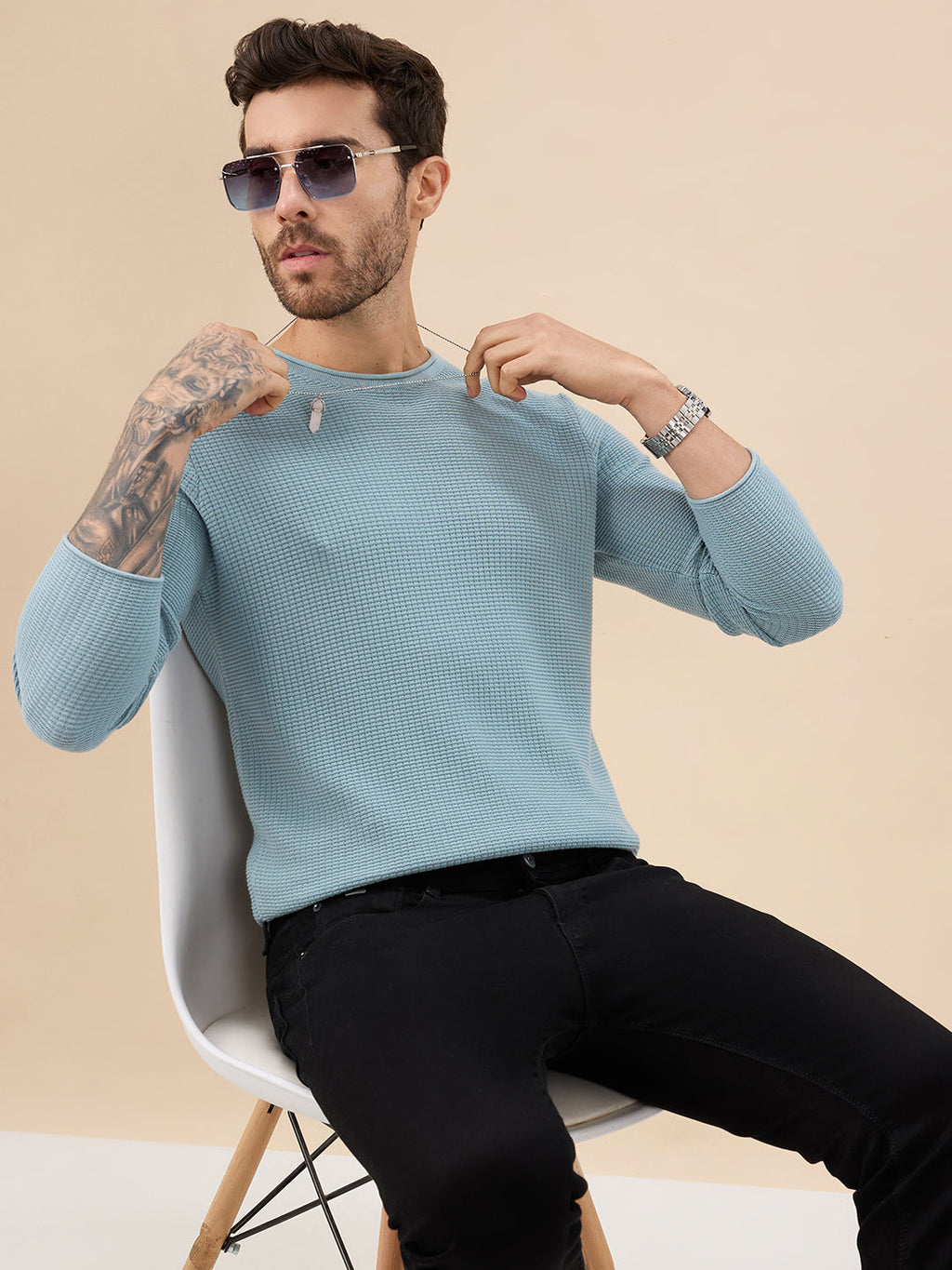 Men's Basic Solid Textured Full Sleeves Round Neck Sweater