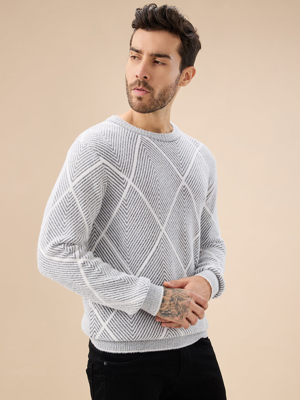 Men's All Over Geometric Textured Full Sleeves Round Neck Sweater