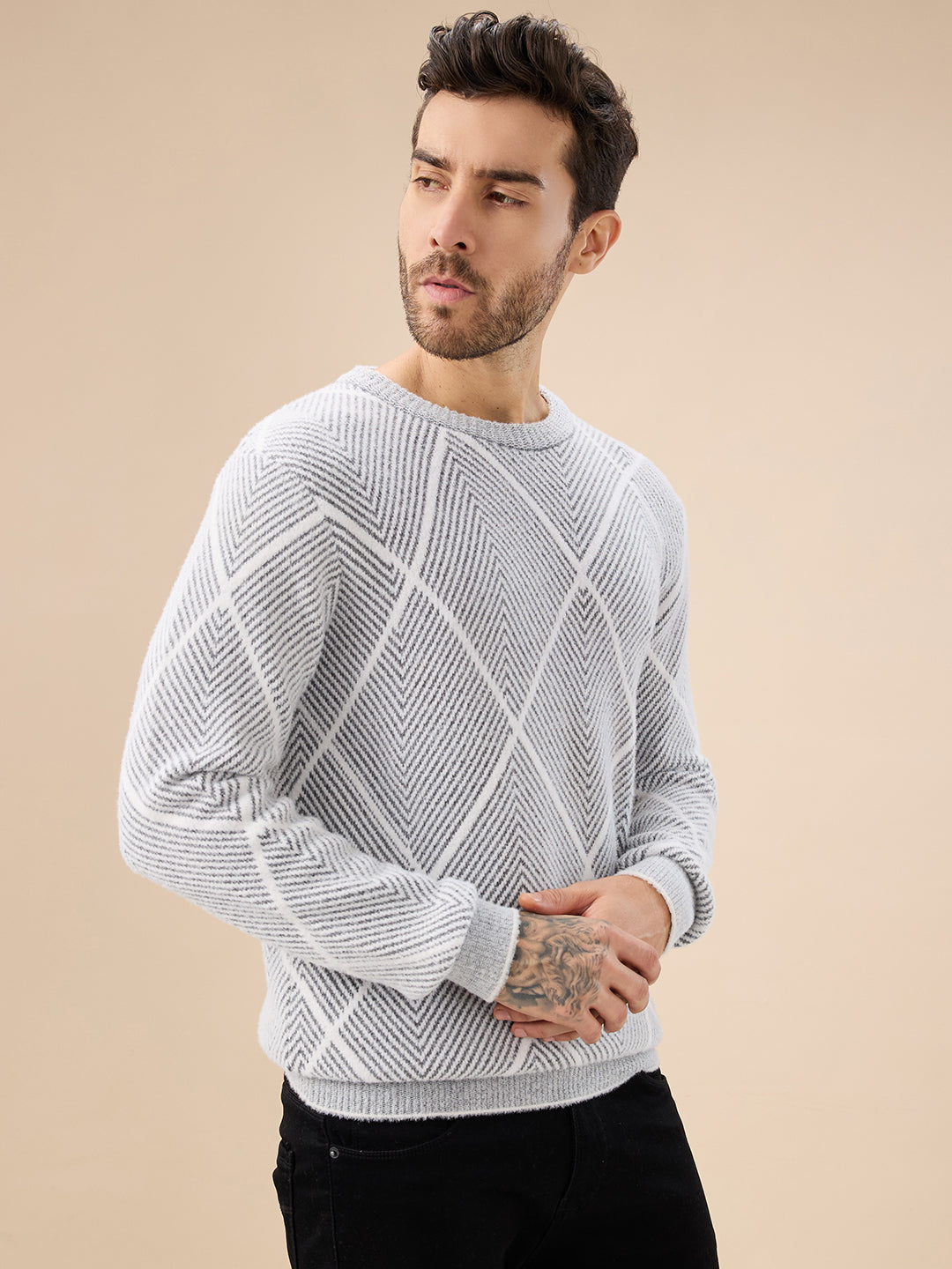 Men's All Over Geometric Textured Full Sleeves Round Neck Sweater