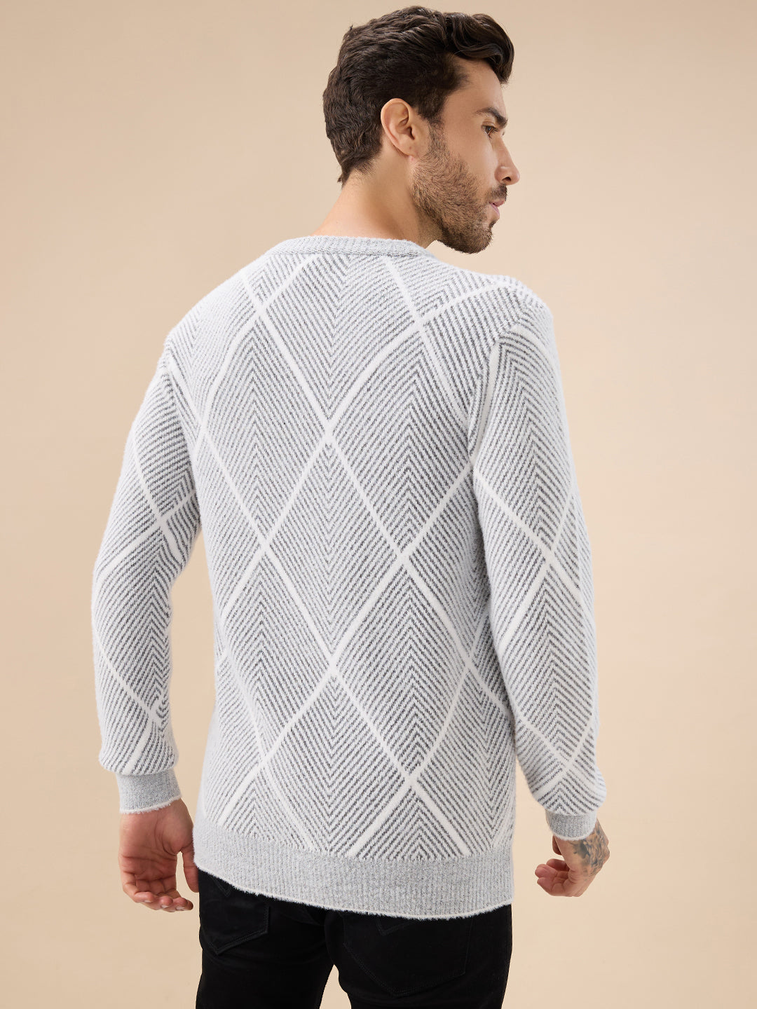 Men's All Over Geometric Textured Full Sleeves Round Neck Sweater