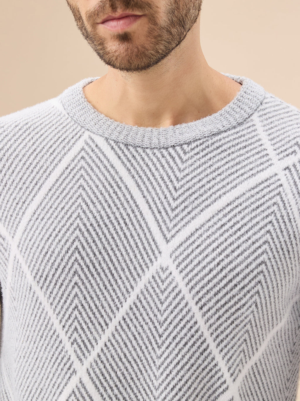 Men's All Over Geometric Textured Full Sleeves Round Neck Sweater