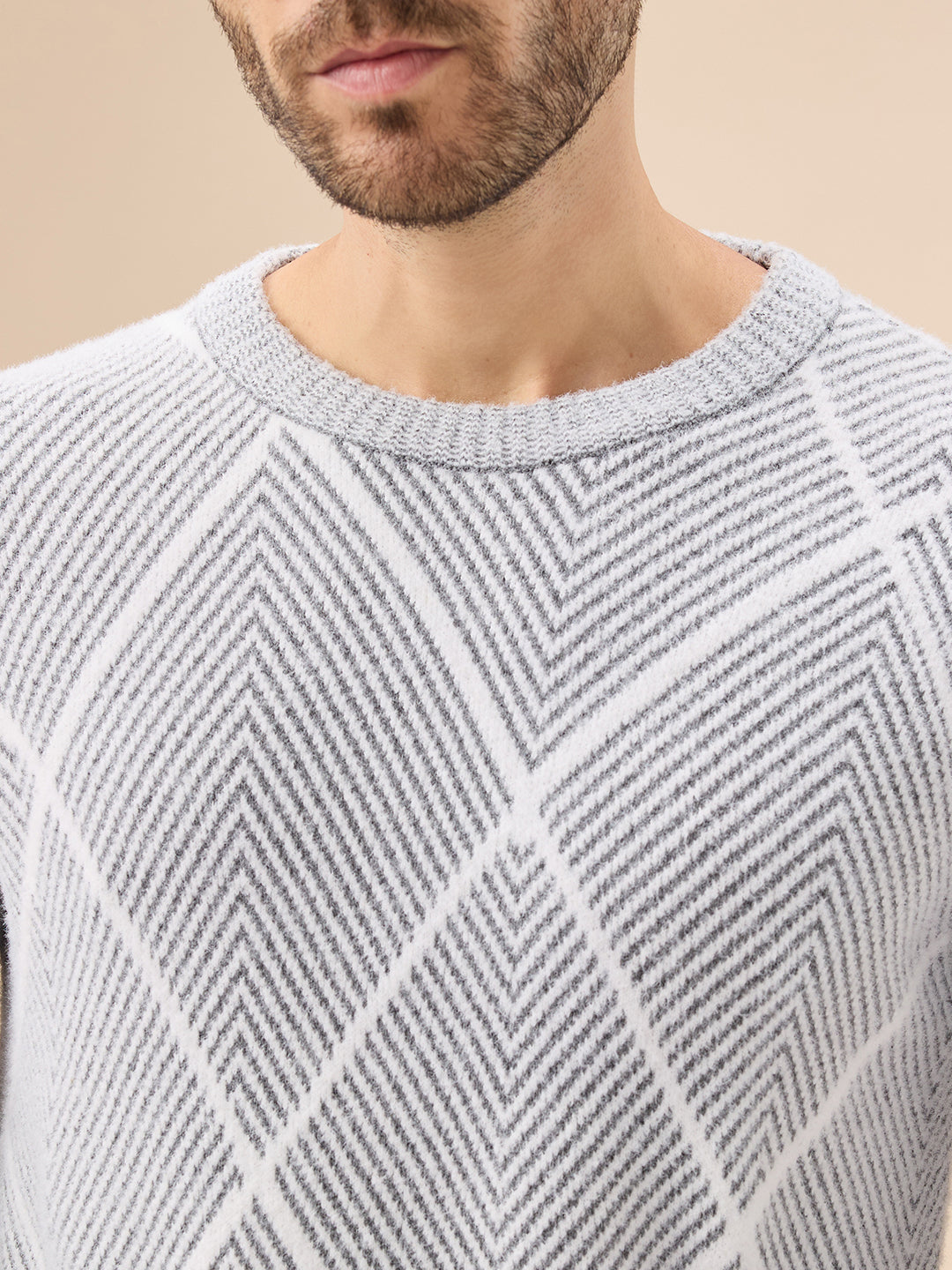 Men's All Over Geometric Textured Full Sleeves Round Neck Sweater
