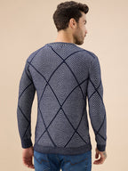 Men's All Over Geometric Textured Full Sleeves Round Neck Sweater