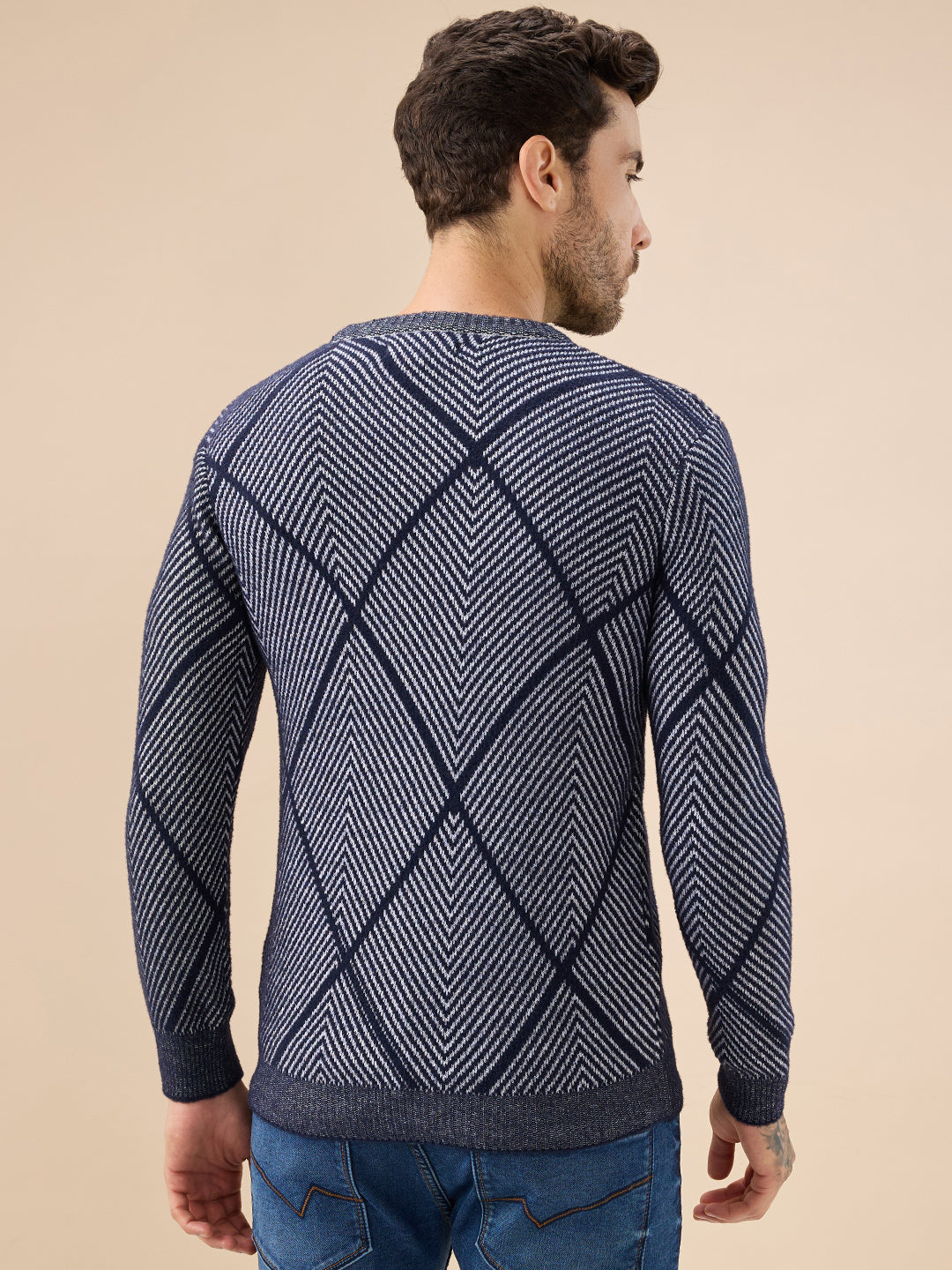 Men's All Over Geometric Textured Full Sleeves Round Neck Sweater