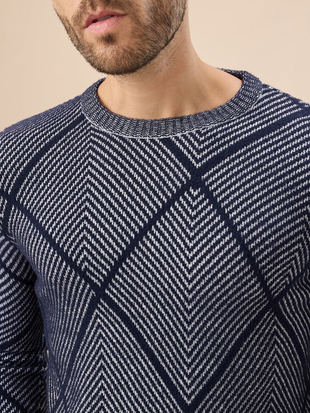 Men's All Over Geometric Textured Full Sleeves Round Neck Sweater